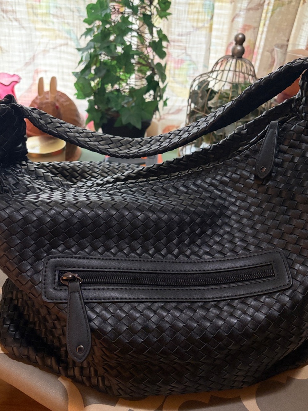 Sondra Roberts Black Woven Leather Shoulder Bag